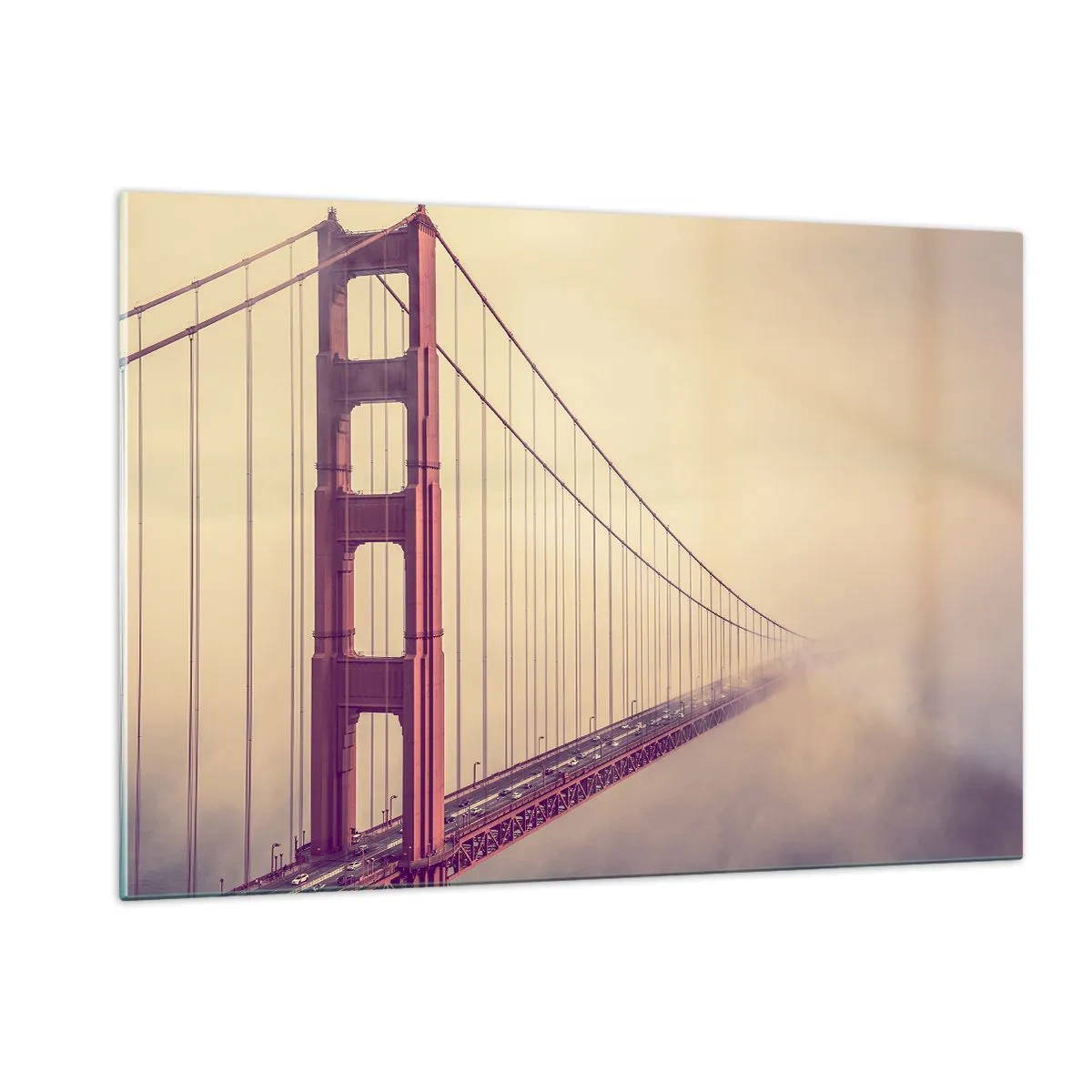Glasbild - Bild auf glas - San Franciscos Golden Gate Bridge in einer nebligen Landschaft - 120x80cm - Zwischen Himmel und Erde - Moderne Wanddekoration für Wohnzimmer und Schlafzimmer ARTTOR