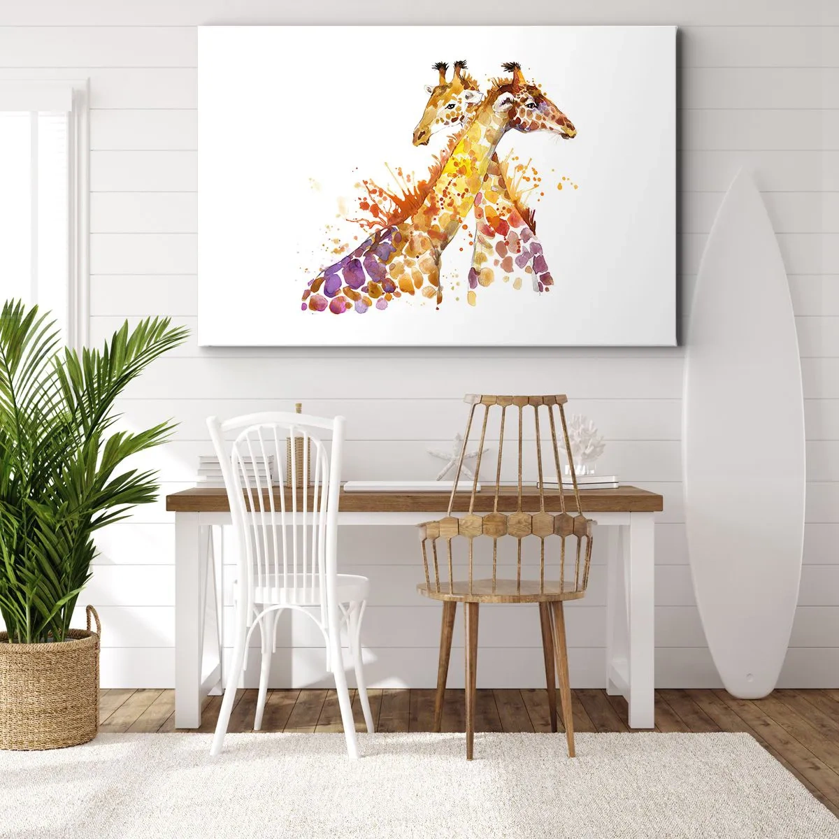 Bild auf Leinwand - Leinwandbild - Aquarell Giraffen in bunten Farbtönen - 70x50cm - Ist es Freundschaft oder ist es Baby? - Moderne Wanddekoration für Wohnzimmer und Schlafzimmer ARTTOR