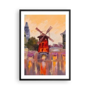 Poster in einem schwarzem Rahmen - Eine malerische Interpretation der berühmten Windmühle vor der Kulisse der Stadt - 50x70cm - Pariser Ikonen – Moulin Rouge - Moderne Wanddekoration für Wohnzimmer und Schlafzimmer ARTTOR
