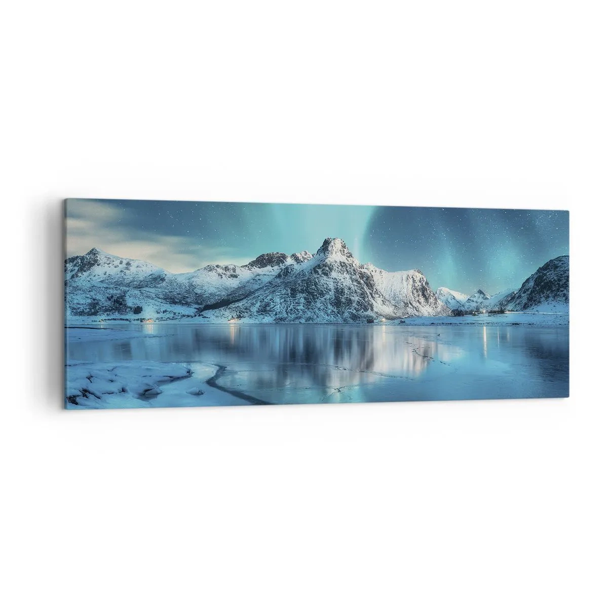Bild auf Leinwand - Leinwandbild - Aurora Borealis über schneebedeckten Bergen und einem See - 140x50cm - Lichtnacht - Moderne Wanddekoration für Wohnzimmer und Schlafzimmer ARTTOR