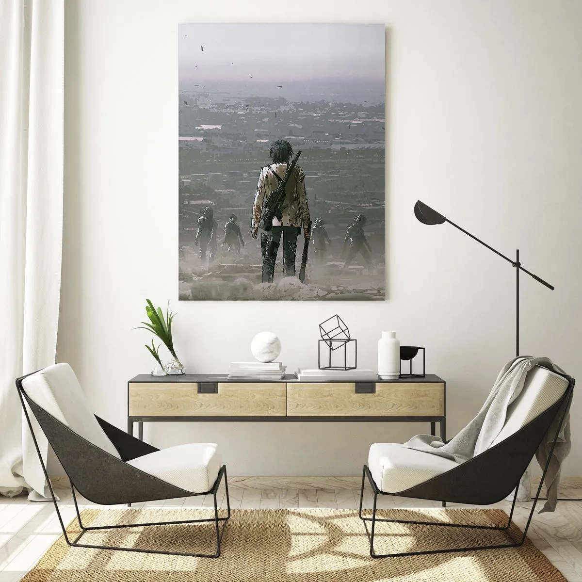 Glasbild - Bild auf glas - Eine Gestalt mit einer Waffe steht vor einer Gruppe in einer dystopischen Landschaft. - 70x100cm - Letzter Gerechter? - Moderne Wanddekoration für Wohnzimmer und Schlafzimmer ARTTOR