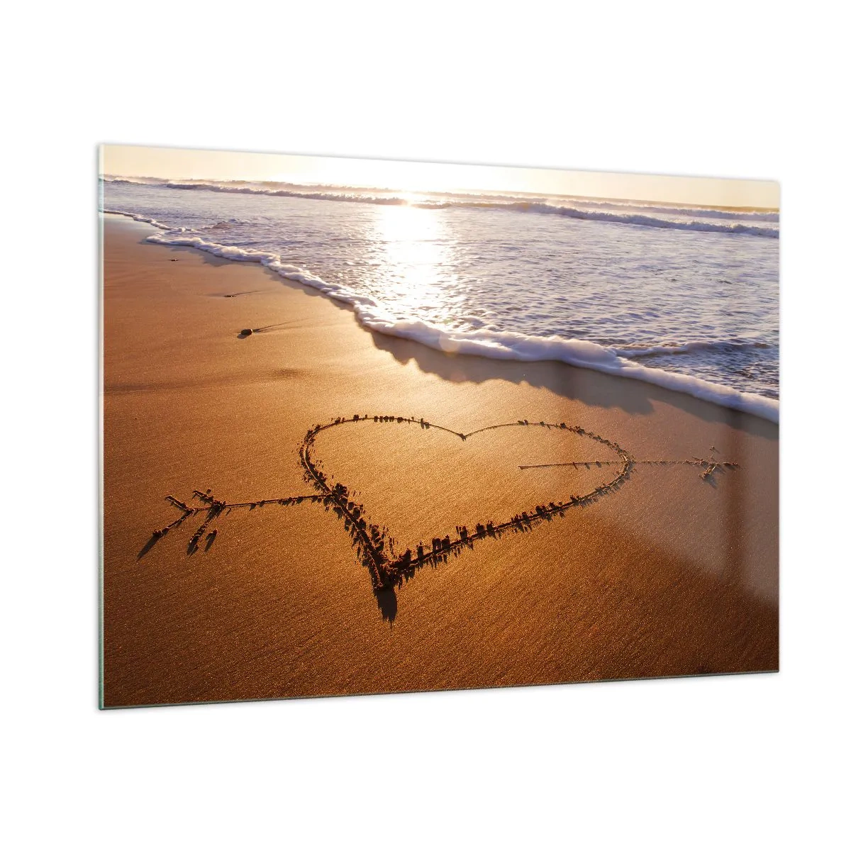 Glasbild - Bild auf glas - Ein in den Sand gezeichnetes Herz, beleuchtet von den Sonnenstrahlen - 100x70cm - Urlaubsgeständnis - Moderne Wanddekoration für Wohnzimmer und Schlafzimmer ARTTOR