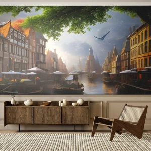 Fototapete Premium Sand - Niederländisches Stadtbild - Alte Stadt, Boote, Kanal - 100x70 cm