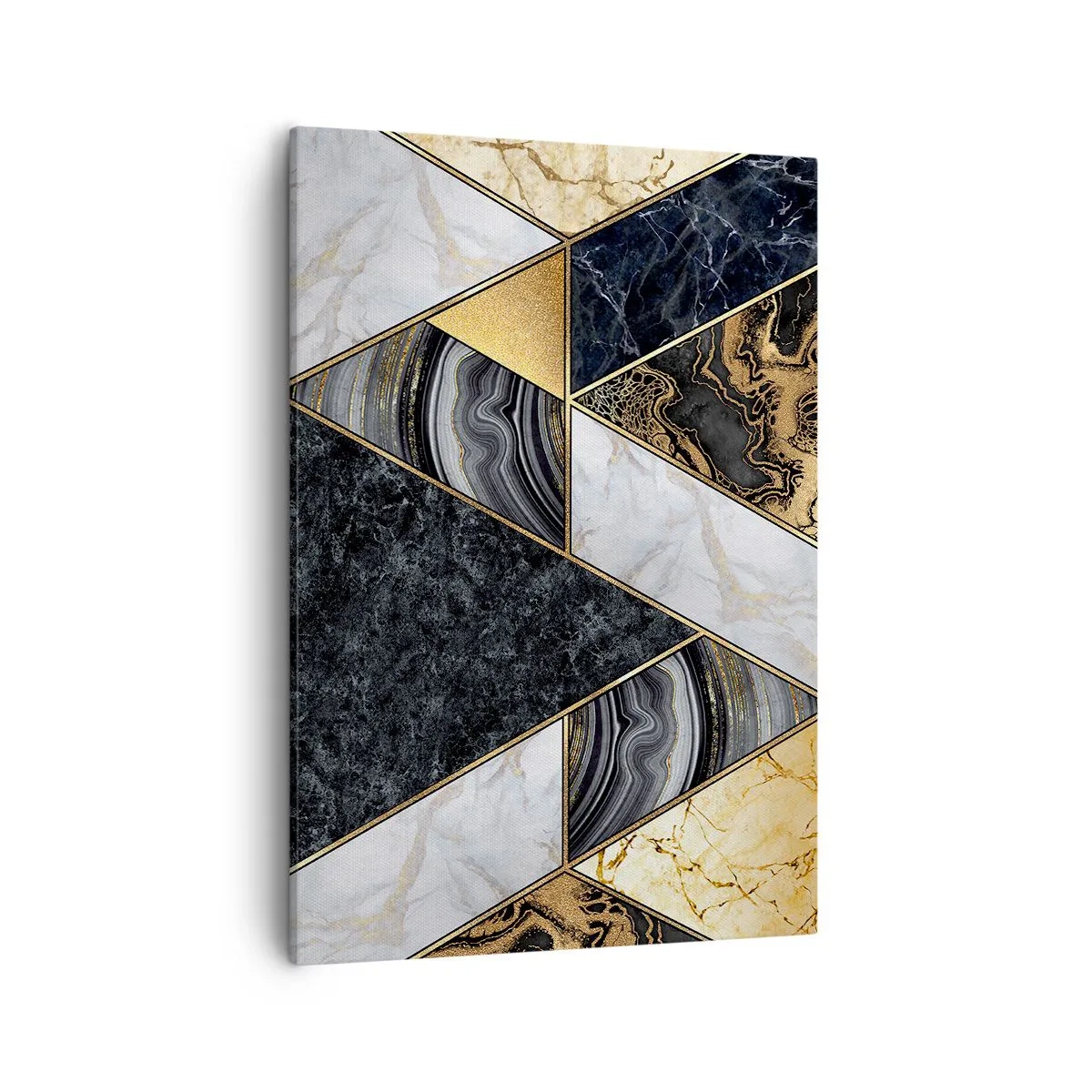 Bild auf Leinwand - Leinwandbild - Geometrische Dreiecke in Gold, Marmor und dunklen Farbtönen - 50x70cm - Stein um Stein - Moderne Wanddekoration für Wohnzimmer und Schlafzimmer ARTTOR