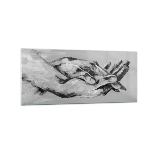 Glasbild - Bild auf glas - Eine Schwarz-Weiß-Komposition aus zwei gefalteten Händen auf hellem Hintergrund. - 120x50cm - Anfang… - Moderne Wanddekoration für Wohnzimmer und Schlafzimmer ARTTOR