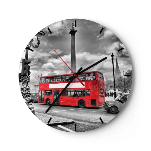 Wanduhr - Glasuhr - Ein roter Doppeldeckerbus vor der Kulisse der Londoner Skyline - 30x30cm - Der wahre Blutkreislauf der Stadt - Moderne Wanddekoration für Wohnzimmer, Küche und Schlafzimmer ARTTOR