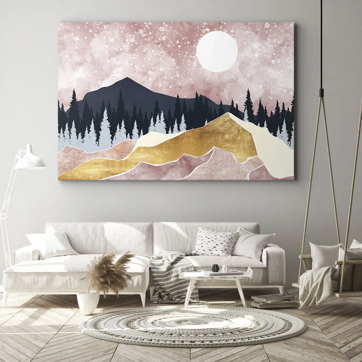 Bild auf Leinwand - Leinwandbild - Bunte Berge vor einem rosa Himmel mit einem Mond - 100x70cm - Nachtwache - Moderne Wanddekoration für Wohnzimmer und Schlafzimmer ARTTOR