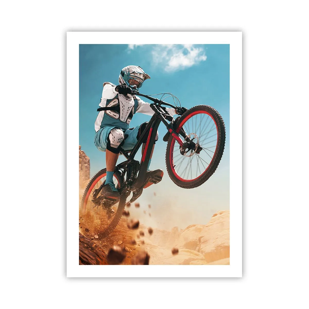 Poster - Ein Mountainbiker führt einen dynamischen Sprung vor einer Wüstenlandschaft aus. - 50x70cm - Fahrrad-Wahnsinn-Dämon - Moderne Wanddekoration für Wohnzimmer und Schlafzimmer ARTTOR