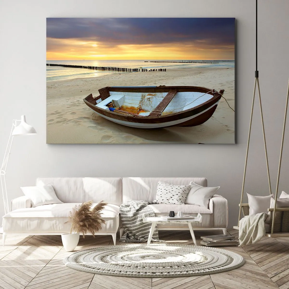 Bild auf Leinwand - Leinwandbild - Ein Boot an einem Sandstrand bei Sonnenuntergang - 70x50cm - Es gibt keine schöneren Strände - Moderne Wanddekoration für Wohnzimmer und Schlafzimmer ARTTOR