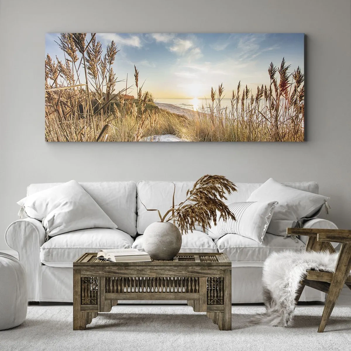 Bild auf Leinwand - Leinwandbild - Ein malerischer Strand mit Gras und untergehender Sonne - 120x50cm - Nordstrand - Moderne Wanddekoration für Wohnzimmer und Schlafzimmer ARTTOR
