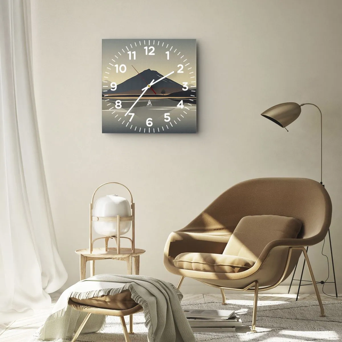 Wanduhr - Glasuhr - Minimalistische Berglandschaft mit Spiegelung im Wasser - 30x30cm - Spiegelreflexion - Moderne Wanddekoration für Wohnzimmer und Schlafzimmer ARTTOR