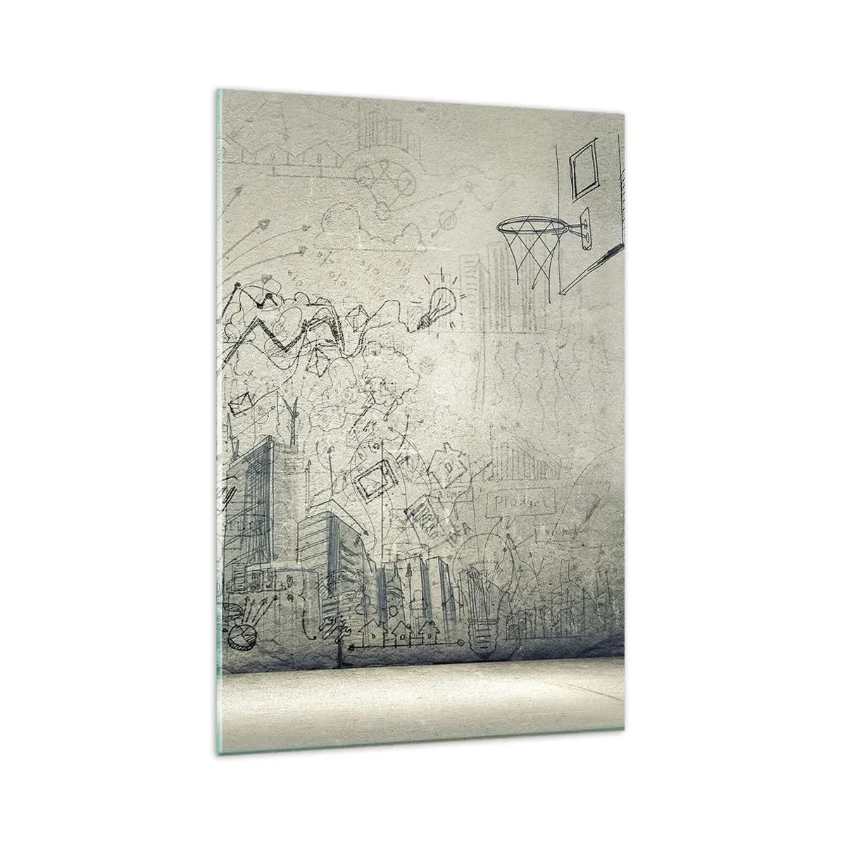Glasbild - Bild auf glas - Zeichnungen und Diagramme vor dem Hintergrund einer rohen Wand - 80x120cm - Mein tolles Stadtleben - Moderne Wanddekoration für Wohnzimmer und Schlafzimmer ARTTOR