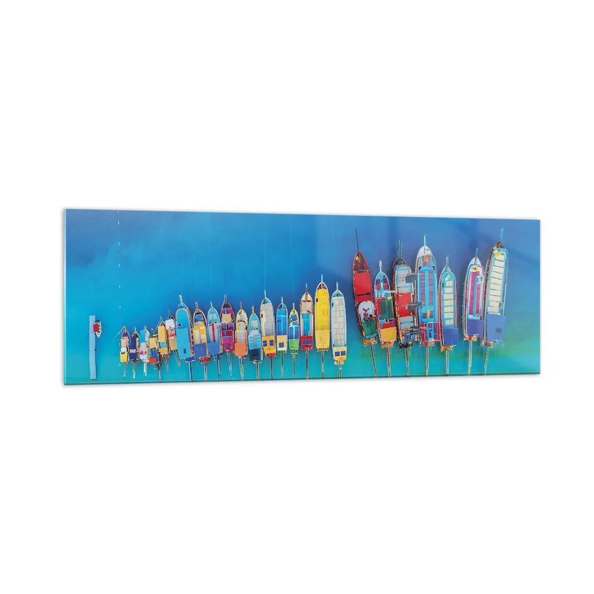 Glasbild - Bild auf glas - Bunte Boote in einer Reihe am Ufer aufgereiht - 160x50cm - Aus der Vogelperspektive - Moderne Wanddekoration für Wohnzimmer und Schlafzimmer ARTTOR