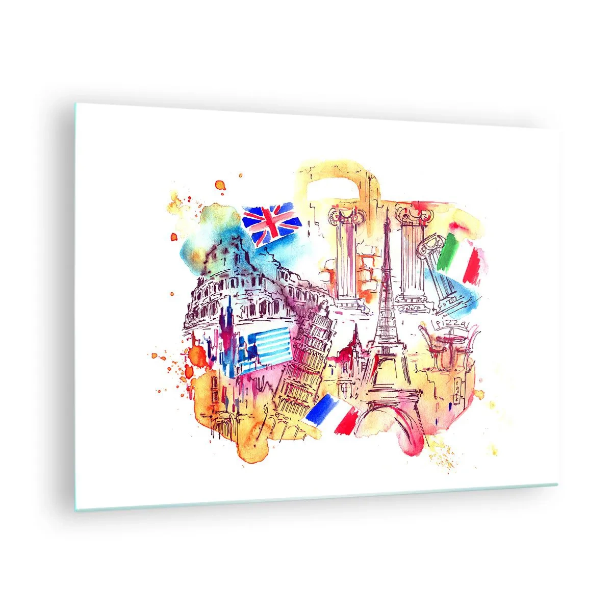 Glasbild - Bild auf glas - Aquarell europäischer Denkmäler mit Länderflaggen - 70x50cm - Europa Tour - Moderne Wanddekoration für Wohnzimmer und Schlafzimmer ARTTOR