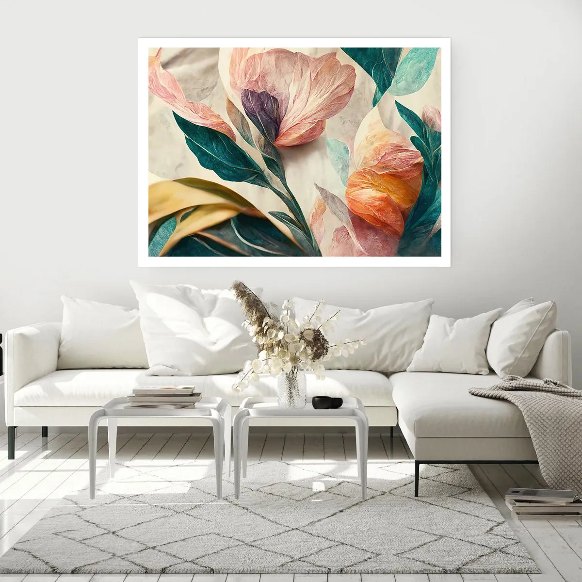 Poster - Bunte Blumen im tropischen Stil auf hellem Hintergrund - 100x70cm - Blumen der südlichen Inseln - Moderne Wanddekoration für Wohnzimmer und Schlafzimmer ARTTOR