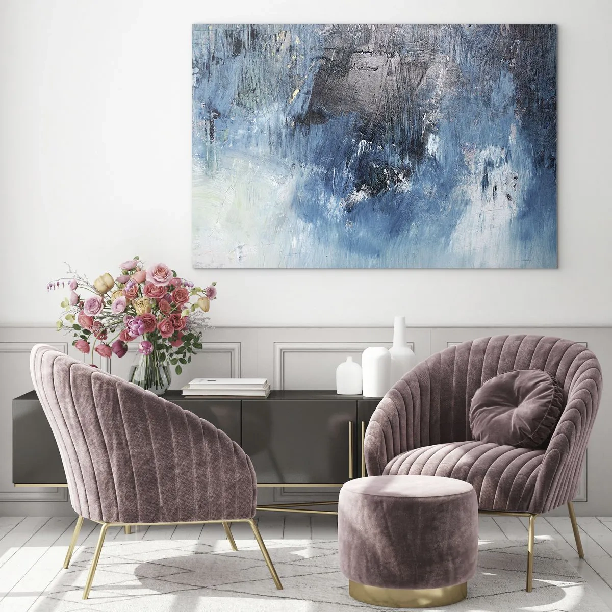 Glasbild - Bild auf glas - Abstrakte Komposition in Blautönen - 70x50cm - Rhapsodie in Blau - Moderne Wanddekoration für Wohnzimmer und Schlafzimmer ARTTOR