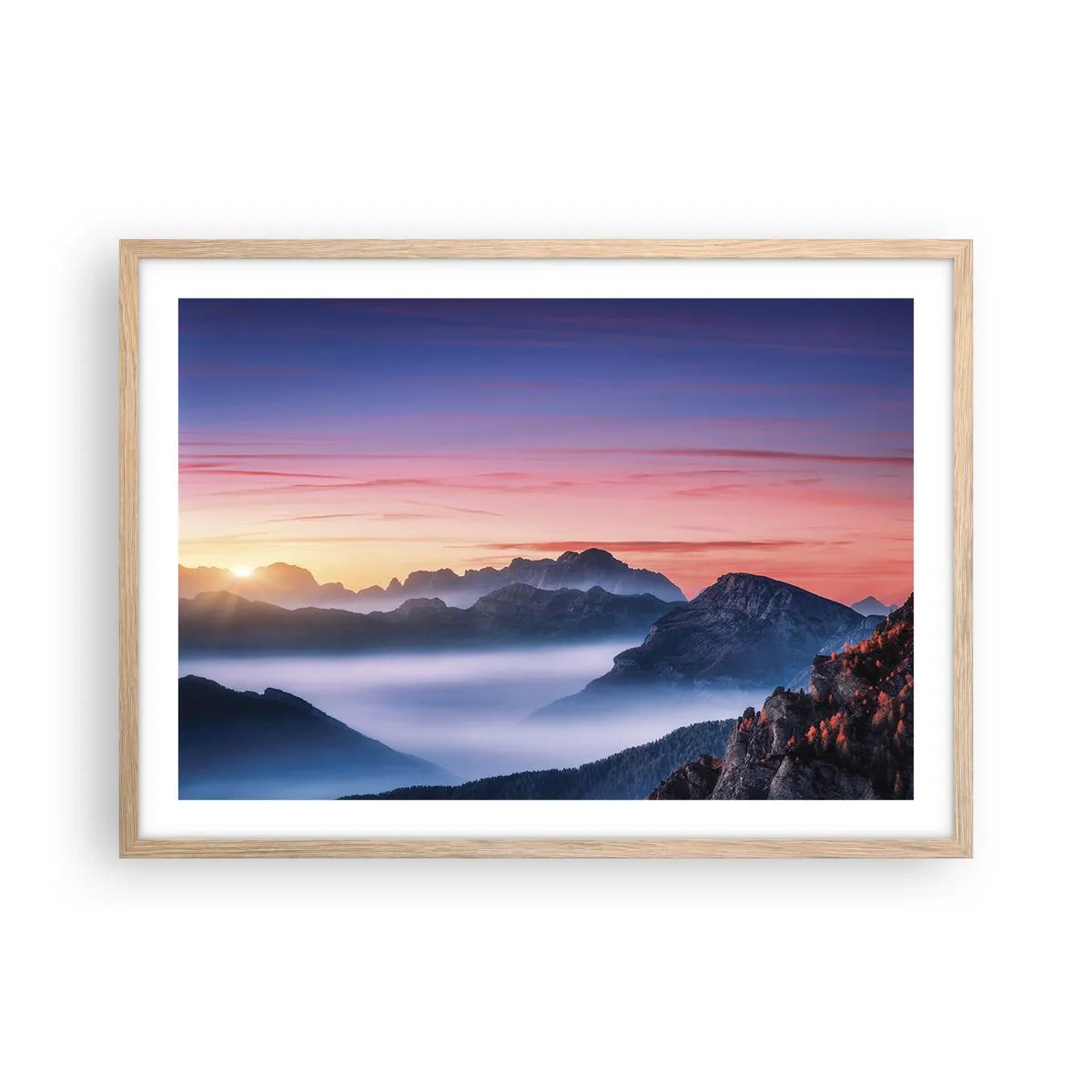 Poster in einem Rahmen aus heller Eiche - Über die Täler - 70x50 cm