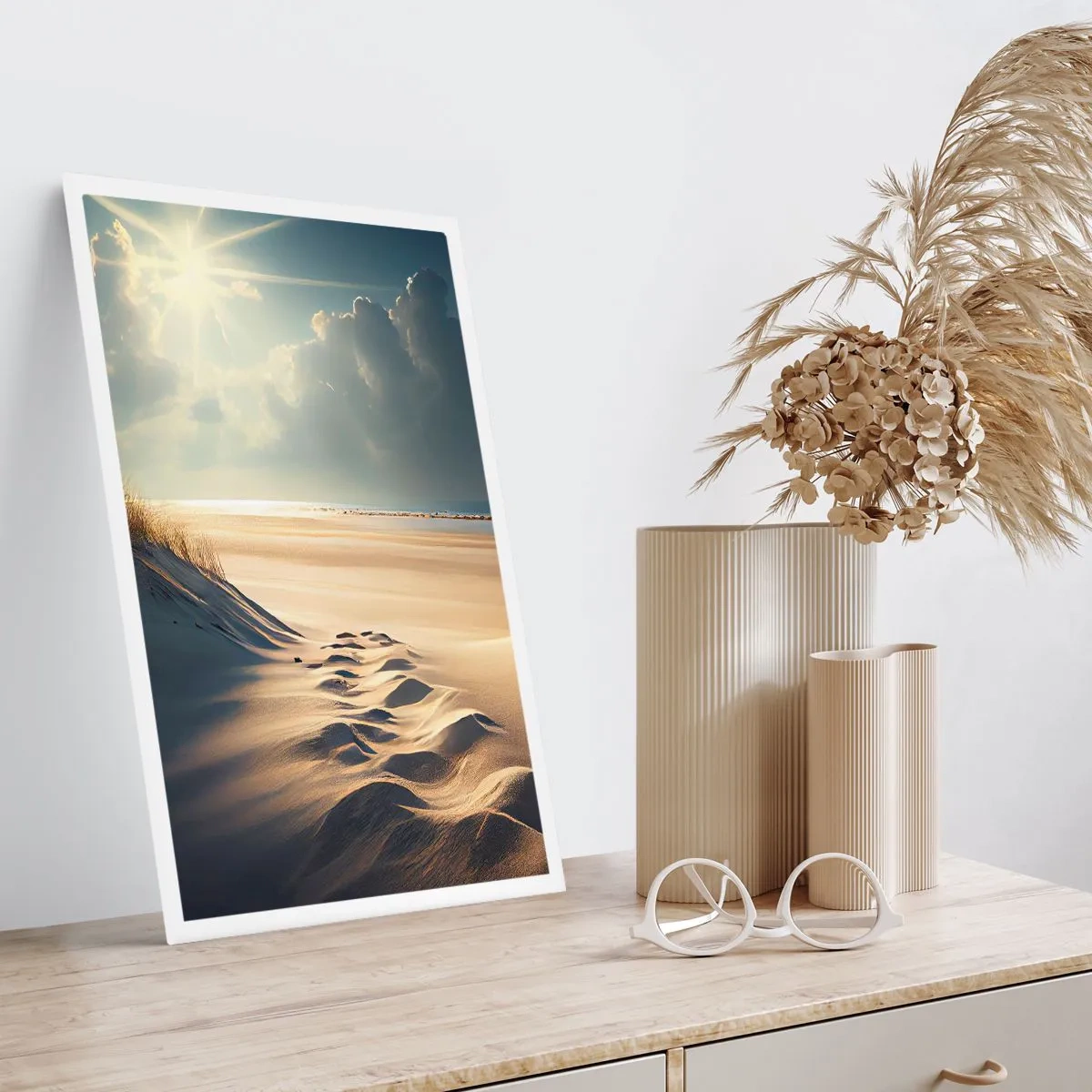 Poster - Goldene Dünen am Strand bei Sonnenuntergang - 50x70cm - Beruhigende Landschaft - Moderne Wanddekoration für Wohnzimmer und Schlafzimmer ARTTOR
