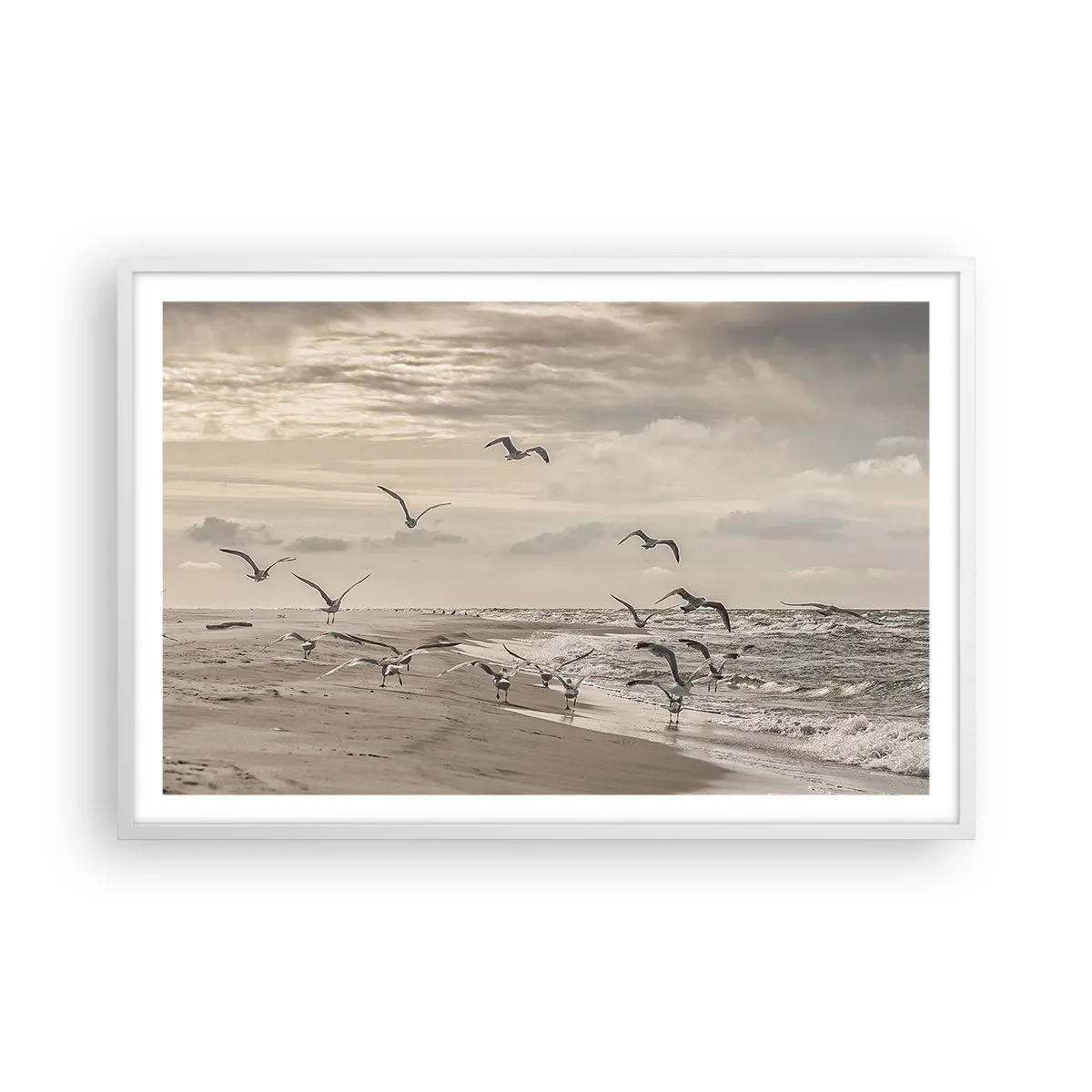 Poster in einem weißen Rahmen - Meeresrauschen, Vogelgesang - 91x61 cm