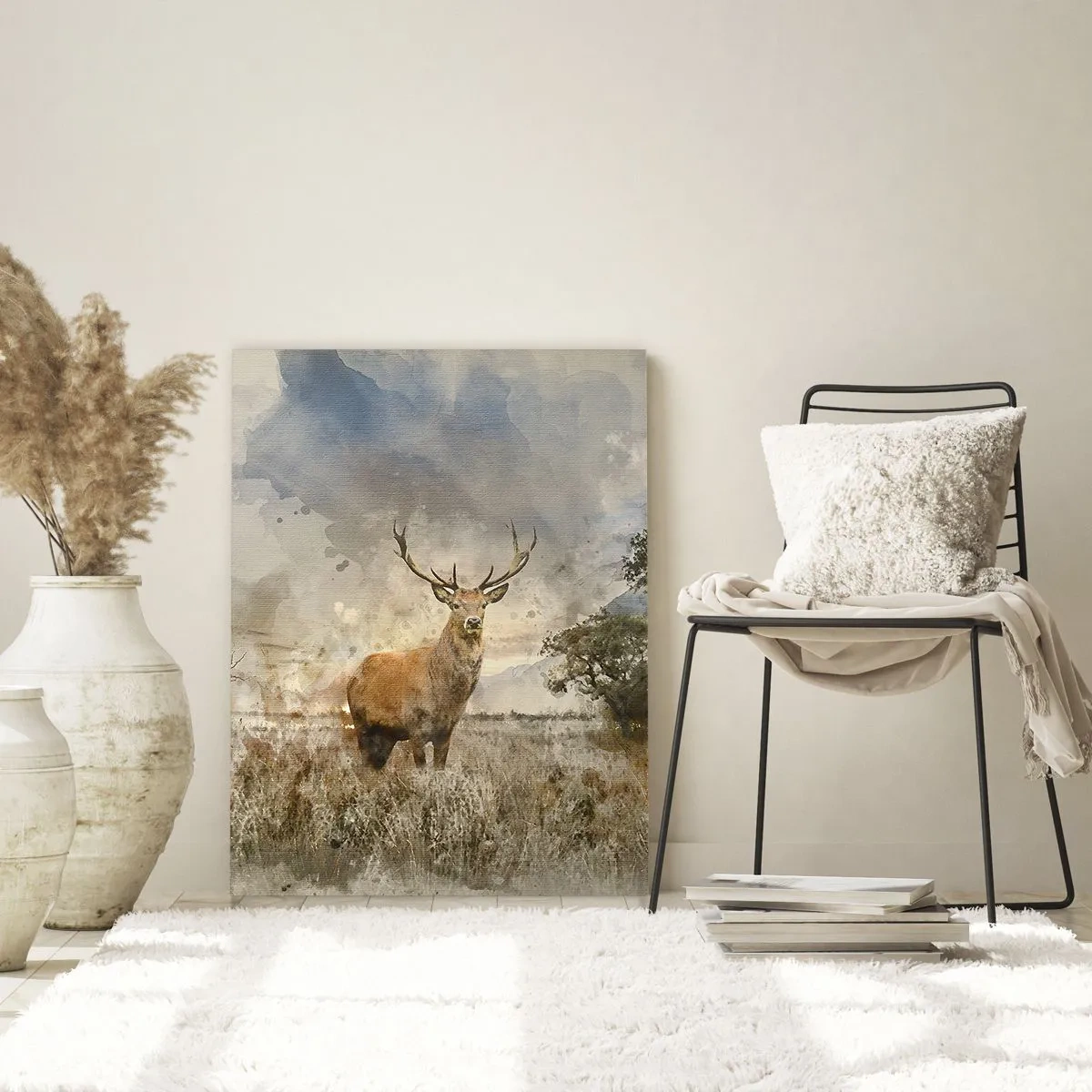 Glasbild - Bild auf glas - Ein Hirsch in einer natürlichen Umgebung im Aquarellstil - 80x120cm - Würde – Stärke – Würde - Moderne Wanddekoration für Wohnzimmer und Schlafzimmer ARTTOR