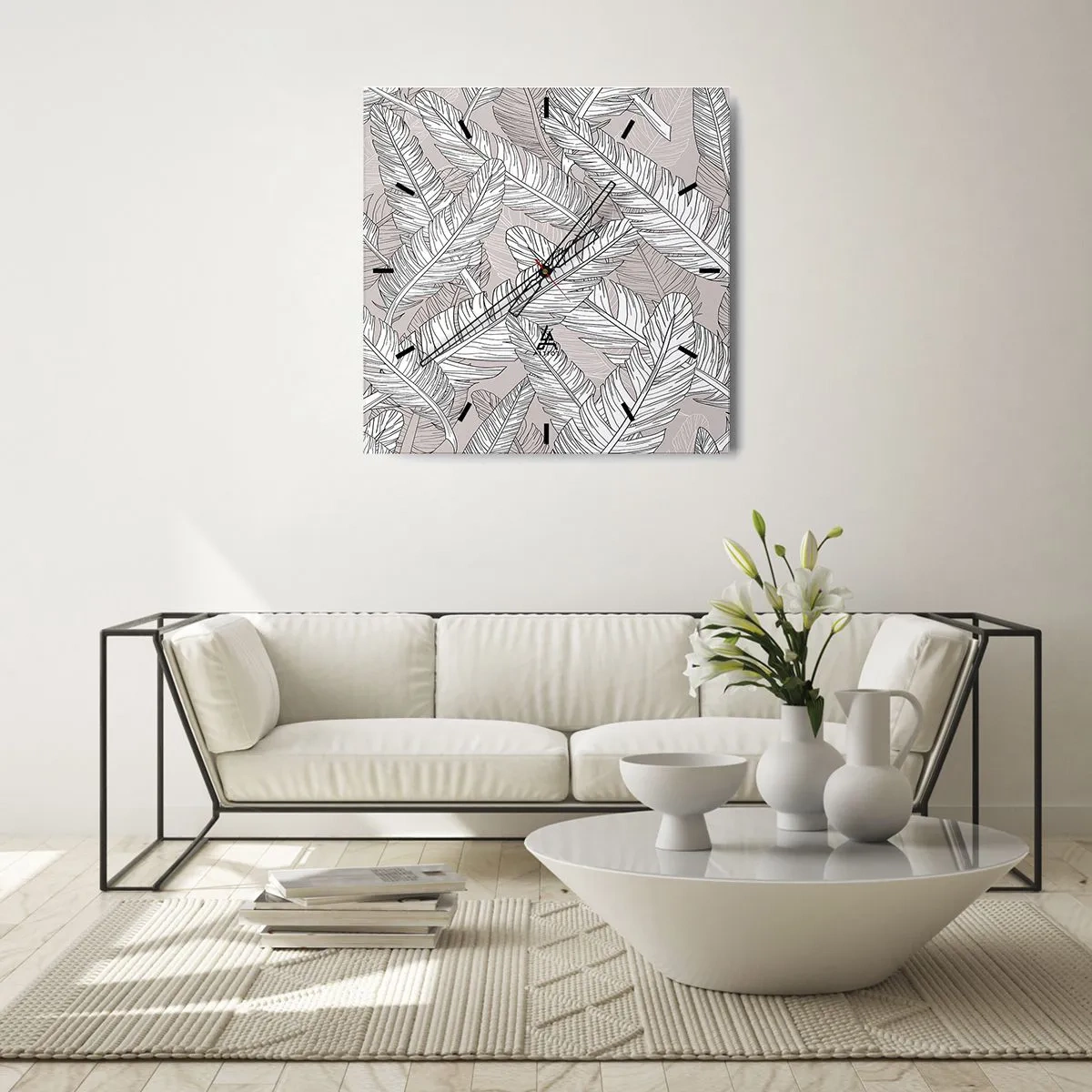 Wanduhr - Glasuhr - Schwarz-weißes Muster mit Bananenblättern auf hellem Hintergrund - 30x30cm - Ein Federwirbel - Moderne Wanddekoration für Wohnzimmer und Schlafzimmer ARTTOR