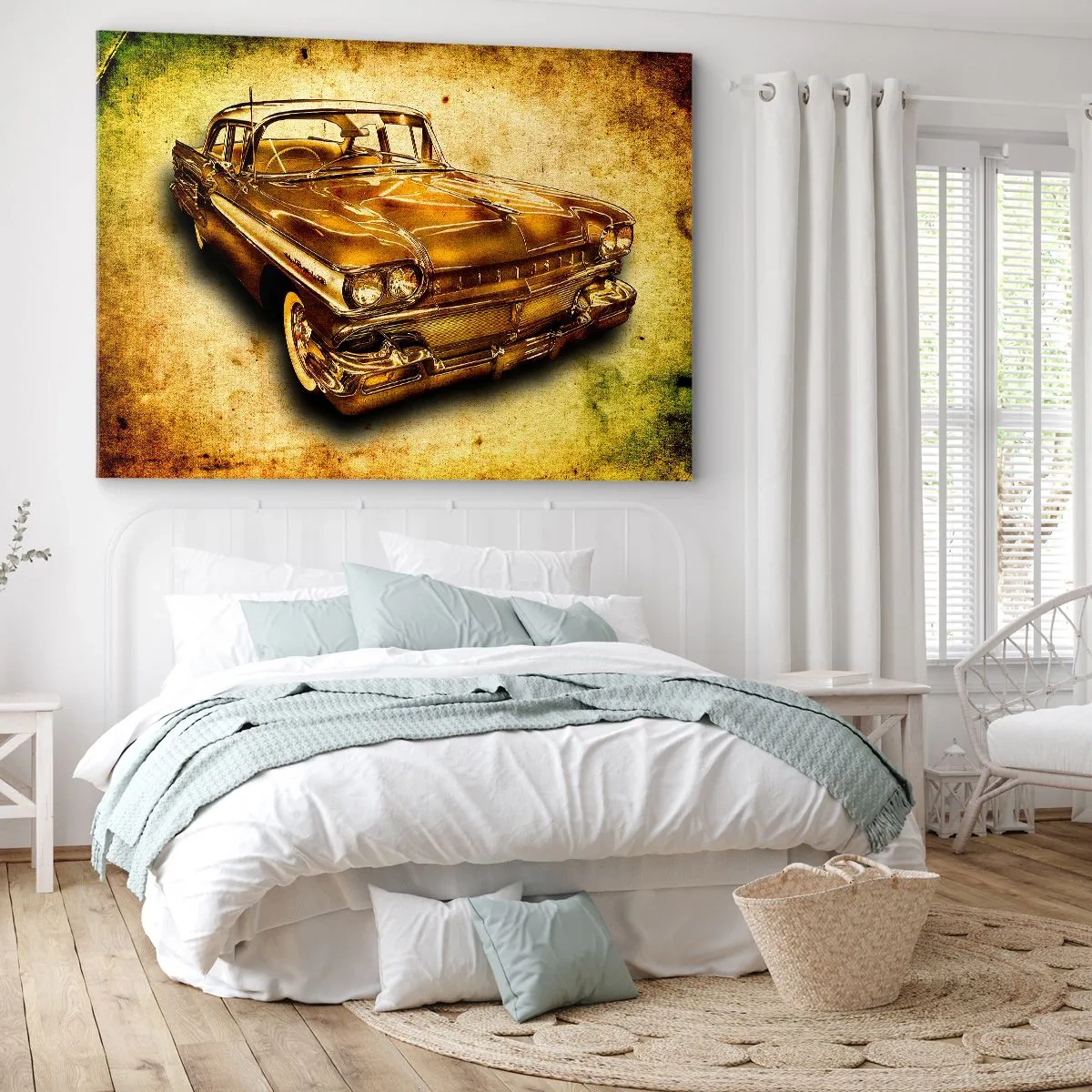 Bild auf Leinwand - Leinwandbild - Ein goldenes klassisches Retro-Auto auf einem Vintage-Hintergrund mit gealtertem Effekt. - 70x50cm - Die unvergängliche Schönheit der Klassiker - Moderne Wanddekoration für Wohnzimmer und Schlafzimmer ARTTOR
