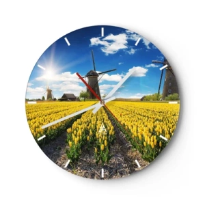 Wanduhr - Glasuhr - Gelbe Tulpen vor dem Hintergrund von Windmühlen und blauem Himmel - 30x30cm - Holländischer geht's nicht - Moderne Wanddekoration für Wohnzimmer, Küche und Schlafzimmer ARTTOR