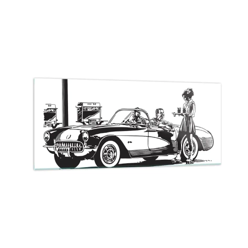 Glasbild - Bild auf glas - Eine schwarz-weiße Retro-Szene mit einem Auto und einer Kellnerin auf Rollschuhen. - 120x50cm - 60. - unbeschwertes Amerika - Moderne Wanddekoration für Wohnzimmer und Schlafzimmer ARTTOR