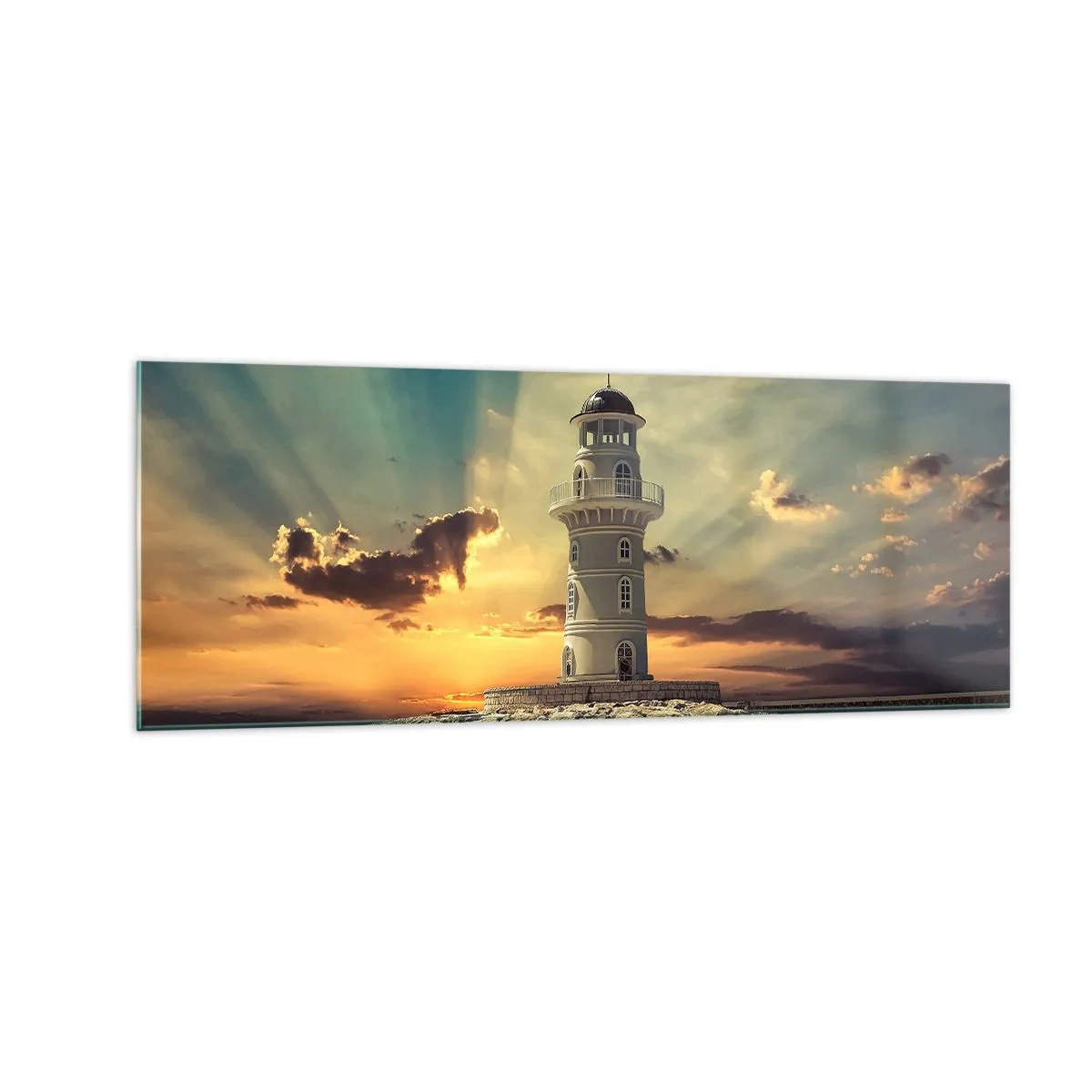 Glasbild - Bild auf glas - Ein Leuchtturm bei Sonnenuntergang gegen den Himmel - 140x50cm - Licht - Gut - Schönheit - Moderne Wanddekoration für Wohnzimmer und Schlafzimmer ARTTOR