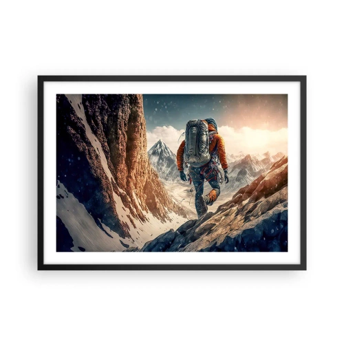 Poster in einem schwarzem Rahmen - Ein Bergsteiger auf einem Bergpfad in einer Winterlandschaft - 70x50cm - Einsamer Krieger - Moderne Wanddekoration für Wohnzimmer und Schlafzimmer ARTTOR