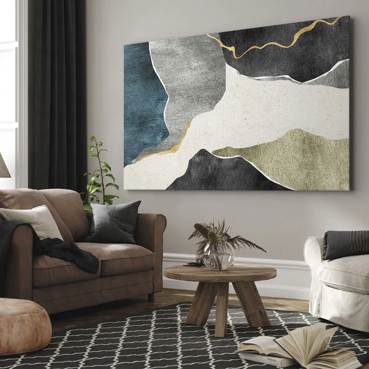 Bild auf Leinwand - Leinwandbild - Geometrische Formen in Grau-, Grün- und Goldtönen - 70x50cm - Mosaikkomposition mit Goldfaden - Moderne Wanddekoration für Wohnzimmer und Schlafzimmer ARTTOR