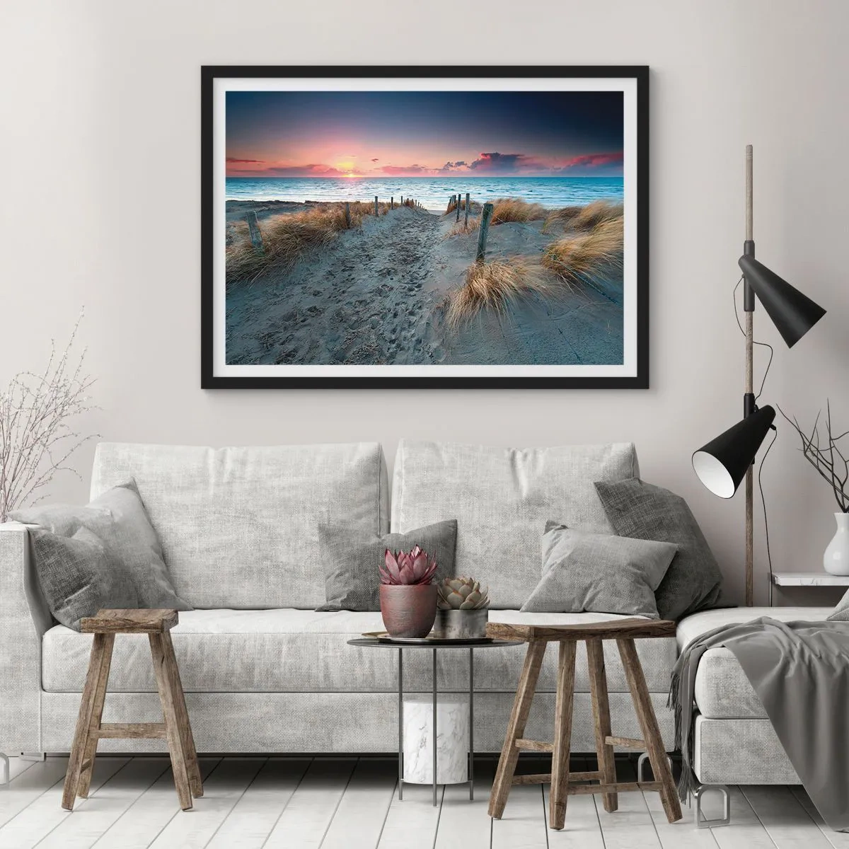 Poster in einem schwarzem Rahmen - Weg zum Strand bei Sonnenuntergang - 70x50cm - Du hast einen Regenbogen aus strahlendem Licht verschüttet ... - Moderne Wanddekoration für Wohnzimmer und Schlafzimmer ARTTOR