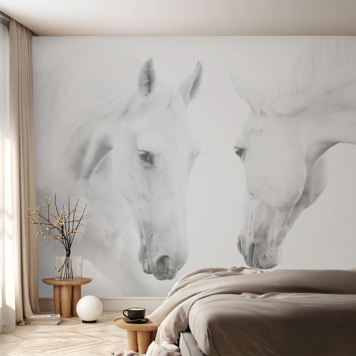 Fototapete Premium Sand - Weiße Pferde auf weißem Hintergrund in ruhiger Pose - 100x70cm - Ist das Freundschaft...? - Moderne Wanddekoration für Wohnzimmer und Schlafzimmer ARTTOR