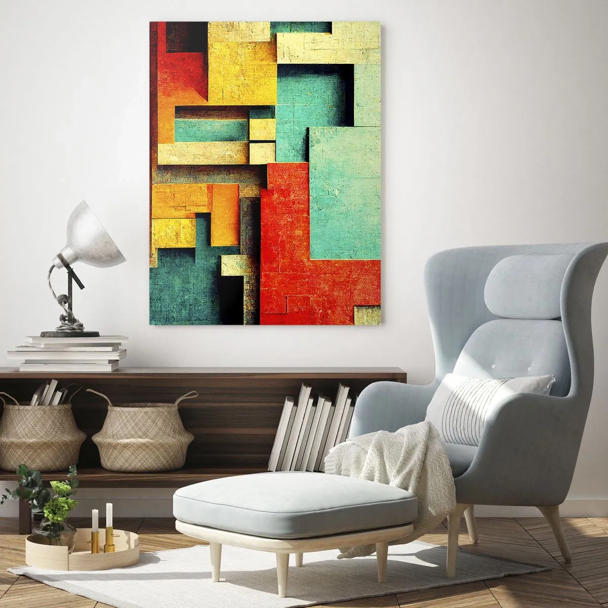 Glasbild - Bild auf glas - Abstrakte geometrische Formen in leuchtenden Farben - 70x100cm - Festival der rechten Winkel - Moderne Wanddekoration für Wohnzimmer und Schlafzimmer ARTTOR