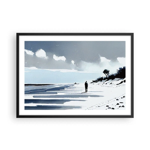 Poster in einem schwarzem Rahmen - Eine einsame Gestalt, die an einem leeren Strand entlanggeht - 70x50cm - Allein sein - Moderne Wanddekoration für Wohnzimmer und Schlafzimmer ARTTOR