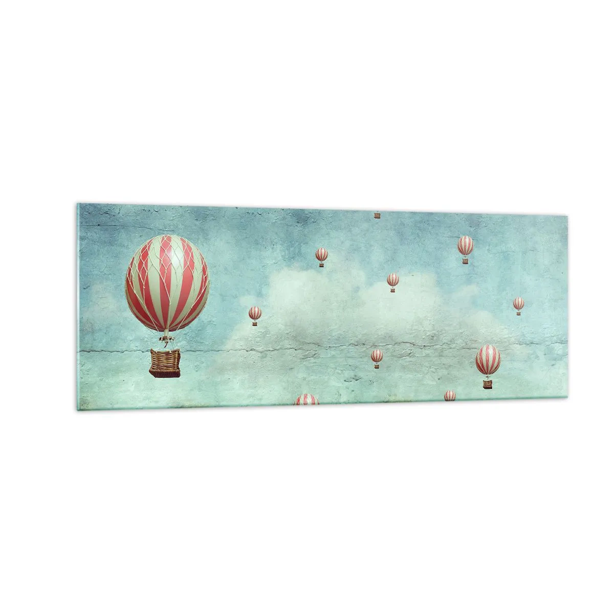 Glasbild - Bild auf glas - Retro-Ballons vor blauem Himmel und grünem Hintergrund - 140x50cm - Frei von der Hektik des Lebens - Moderne Wanddekoration für Wohnzimmer und Schlafzimmer ARTTOR