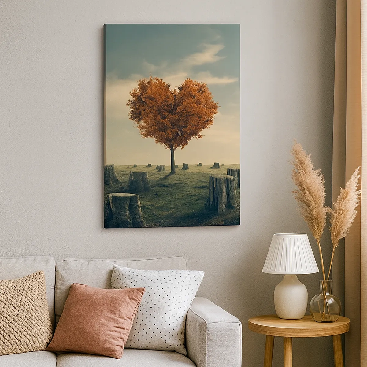 Bild auf Leinwand - Leinwandbild - Ein herzförmiger Baum in einem Feld aus Baumstümpfen, ein Symbol der Hoffnung - 50x70cm - Es gibt noch Hoffnung - Moderne Wanddekoration für Wohnzimmer und Schlafzimmer ARTTOR