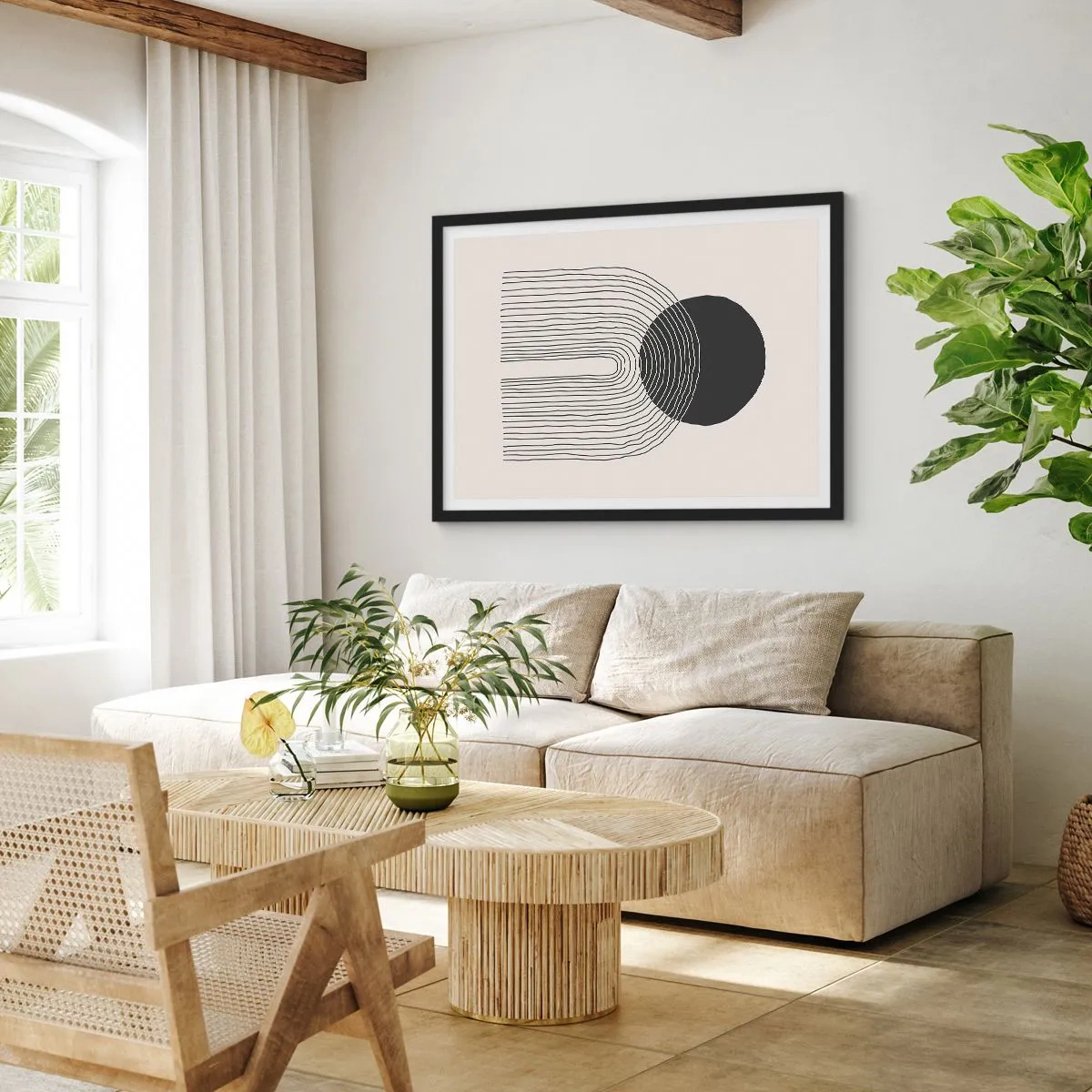 Poster in einem schwarzem Rahmen - Abstraktes Muster mit Linien und einem schwarzen Kreis auf hellem Hintergrund - 70x50cm - Zittern und Vertrauen - Moderne Wanddekoration für Wohnzimmer und Schlafzimmer ARTTOR