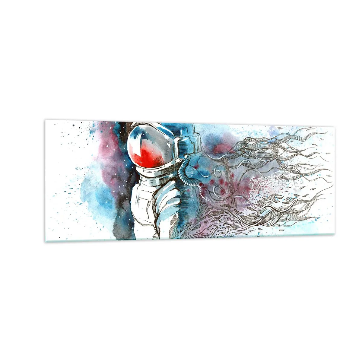 Glasbild - Bild auf glas - Ein Kosmonaut in einem dynamischen Aquarell mit kosmischen Details - 140x50cm - Allein mit Platz - Moderne Wanddekoration für Wohnzimmer und Schlafzimmer ARTTOR
