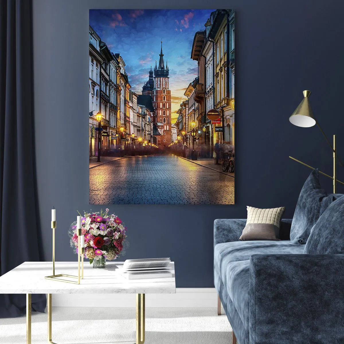 Glasbild - Bild auf glas - Abendliche Straße mit Blick auf die Krakauer Kathedrale - 70x100cm - Krakauer Charme - Moderne Wanddekoration für Wohnzimmer und Schlafzimmer ARTTOR