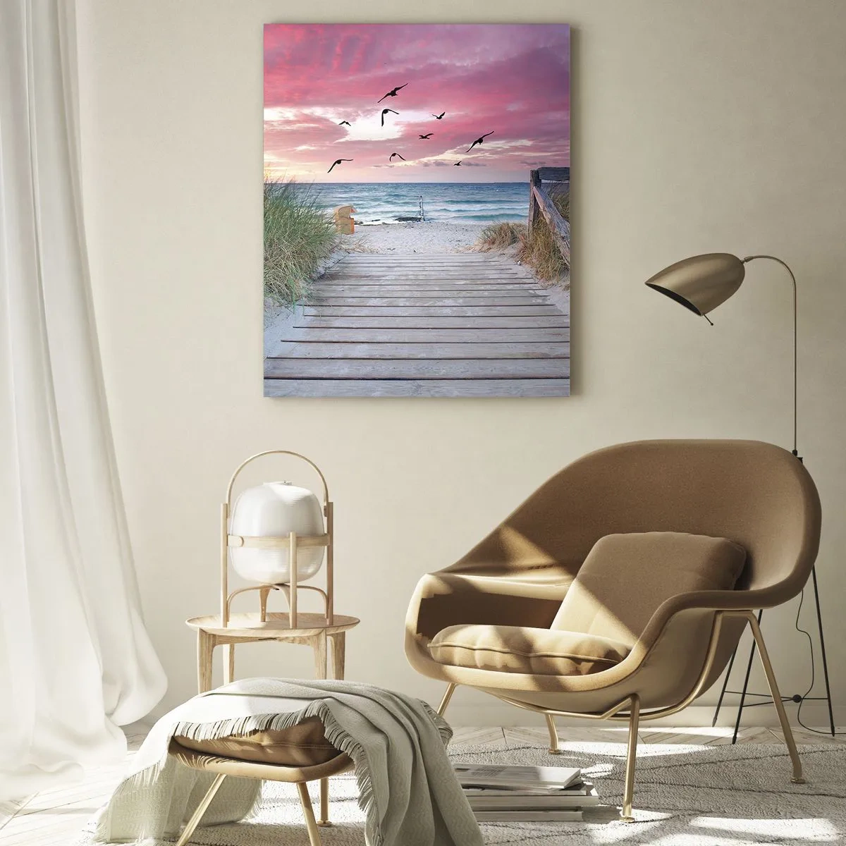 Glasbild - Bild auf glas - Weg zum Strand bei Sonnenuntergang mit fliegenden Vögeln - 50x70cm - Baltischer Eindruck - Moderne Wanddekoration für Wohnzimmer und Schlafzimmer ARTTOR