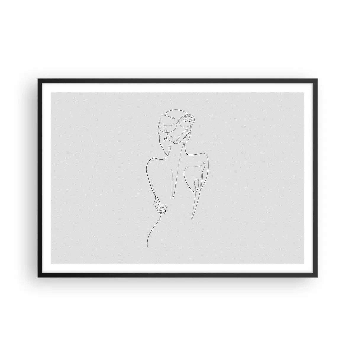 Poster in einem schwarzem Rahmen - Eine Konturlinie, die eine weibliche Silhouette vor einem hellen Hintergrund zeigt - 100x70cm - Körpermusik - Moderne Wanddekoration für Wohnzimmer und Schlafzimmer ARTTOR