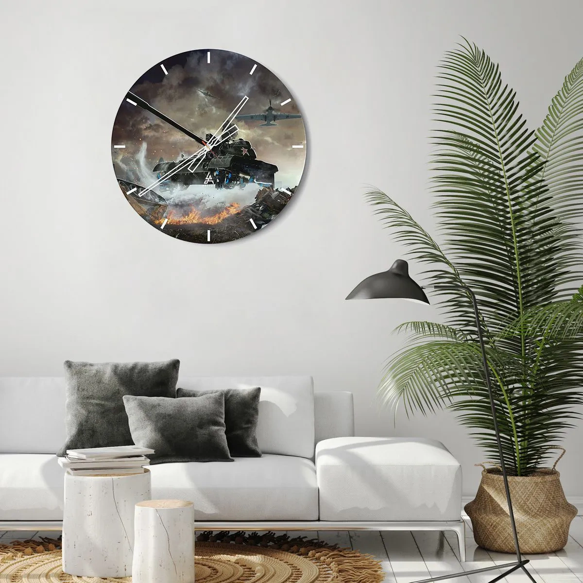 Wanduhr - Glasuhr - Panzer und Flugzeuge im Einsatz - 30x30cm - Der Kampf ist schrecklich und schön - Moderne Wanddekoration für Wohnzimmer, Küche und Schlafzimmer ARTTOR