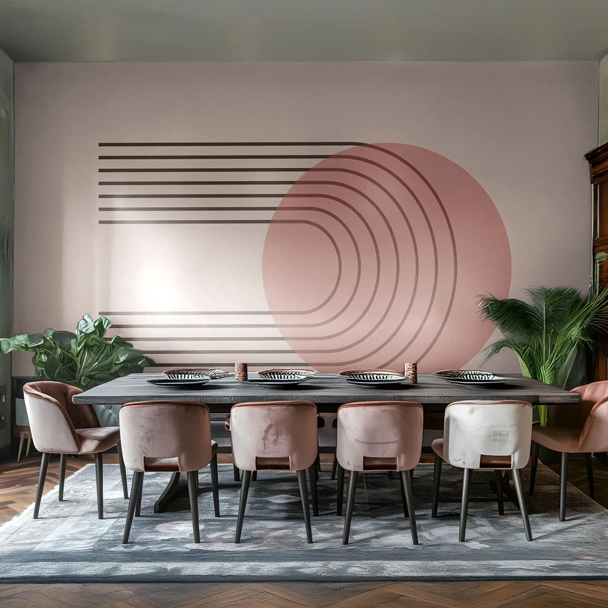 Fototapete Premium Canvas - Abstraktes Motiv mit rosa Kreisen und Linien - 100x70cm - Unwiderstehliche Anziehungskraft - Moderne Wanddekoration für Wohnzimmer und Schlafzimmer ARTTOR