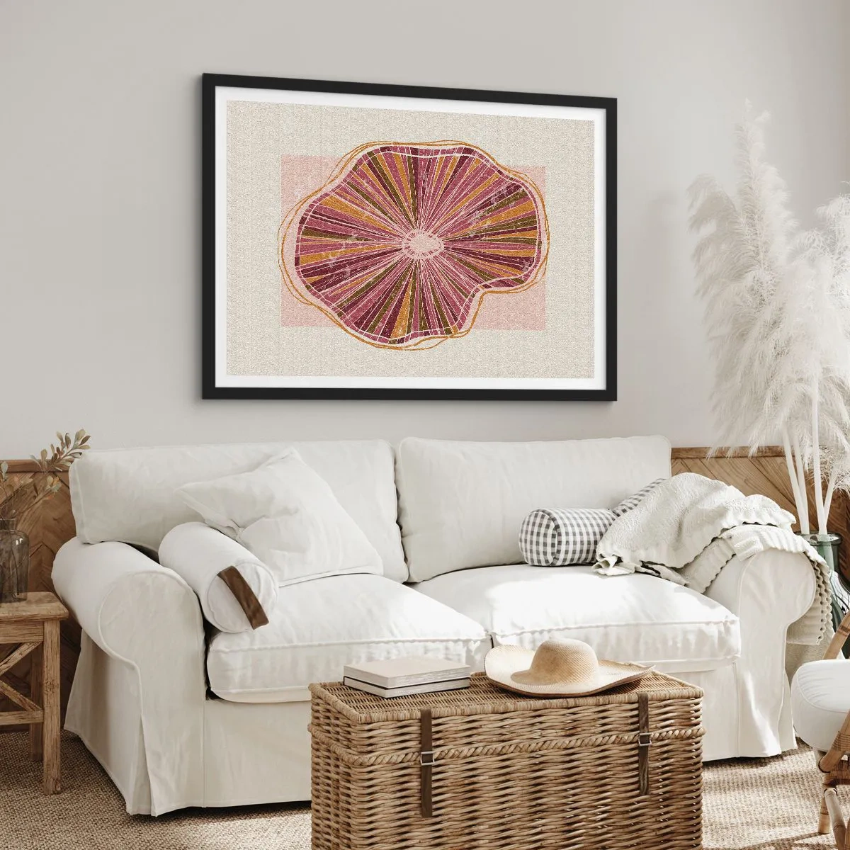 Poster in einem schwarzem Rahmen - Abstraktes Baumscheibenmuster in Rosatönen - 70x50cm - Strahlende Abstraktion - Moderne Wanddekoration für Wohnzimmer und Schlafzimmer ARTTOR