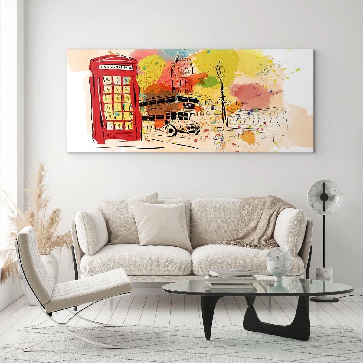 Glasbild - Bild auf glas - London-Thema mit rotem Bus und Stand - 160x50cm - Die Stadt der Vielfalt - Moderne Wanddekoration für Wohnzimmer und Schlafzimmer ARTTOR