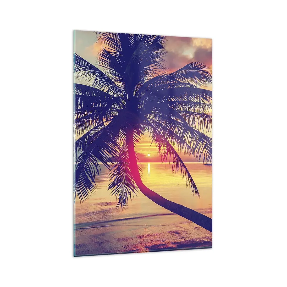 Glasbild - Bild auf glas - Sonnenuntergang mit einer Palme über einem ruhigen Ufer - 80x120cm - Abend unter Palmen - Moderne Wanddekoration für Wohnzimmer und Schlafzimmer ARTTOR