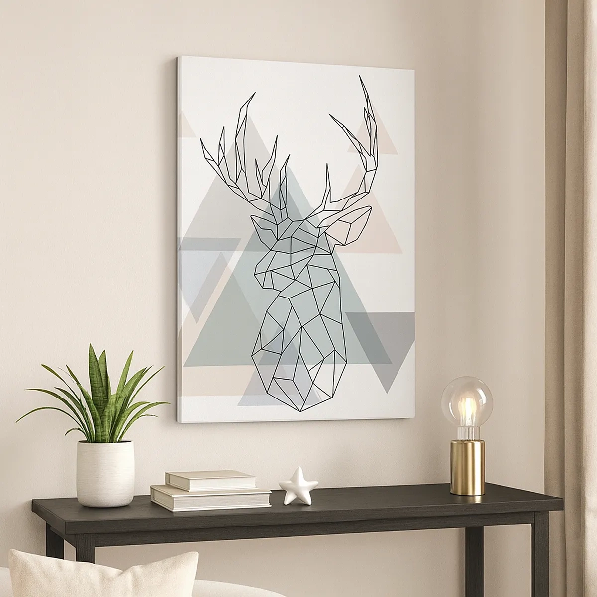 Bild auf Leinwand - Leinwandbild - Geometrischer Hirsch auf einem Hintergrund aus pastellfarbenen Dreiecken - 50x70cm - In einem geometrischen Wald - Moderne Wanddekoration für Wohnzimmer und Schlafzimmer ARTTOR