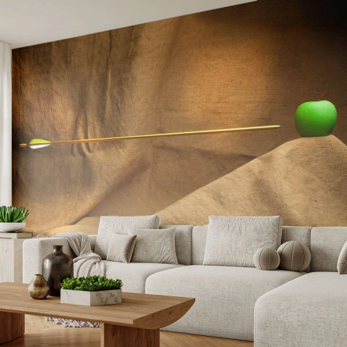 Fototapete Premium Sand - Grüner Apfel und Pfeil auf Leinenhintergrund - 100x70cm - Beschwöre den Geist von Wilhelm Tell - Moderne Wanddekoration für Wohnzimmer und Schlafzimmer ARTTOR