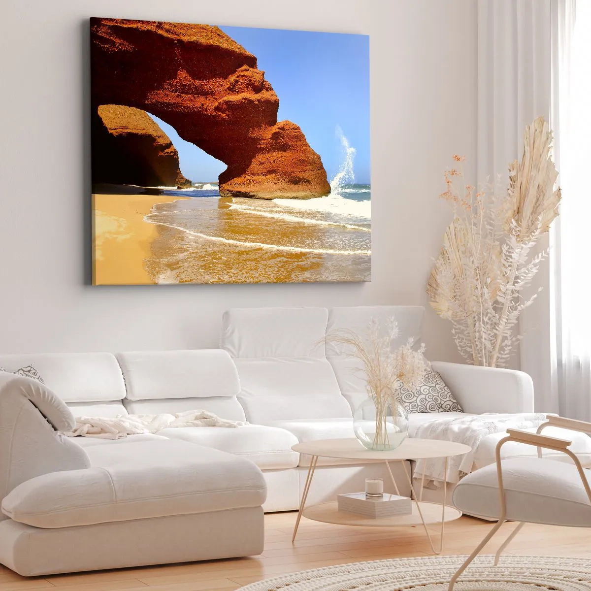 Bild auf Leinwand - Leinwandbild - Ein natürlicher Felsbogen an einem Strand mit blauem Himmel und Wellen - 100x70cm - Wasser und Wind seit Tausenden von Jahren - Moderne Wanddekoration für Wohnzimmer und Schlafzimmer ARTTOR